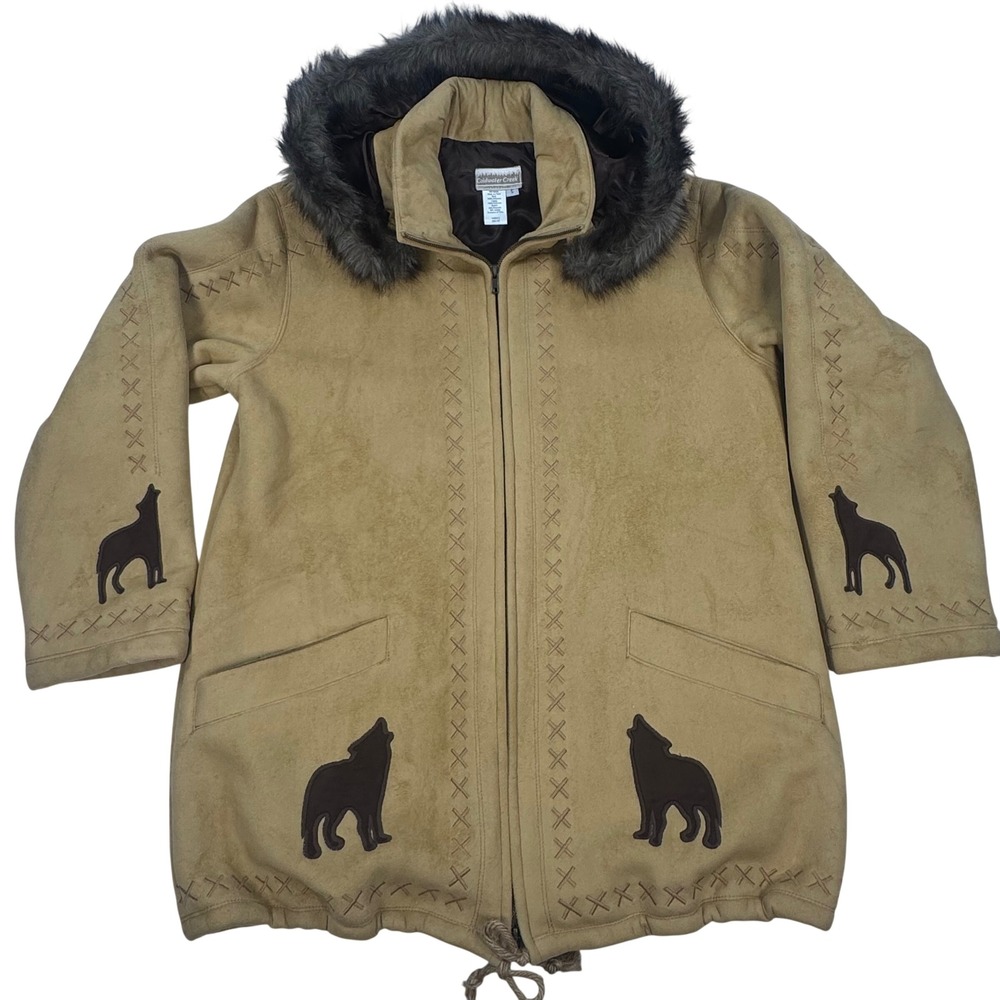 Coldwater Creek Faux Suede Wolf Parka Jacket Tan Faux Fur Hood Small H06188